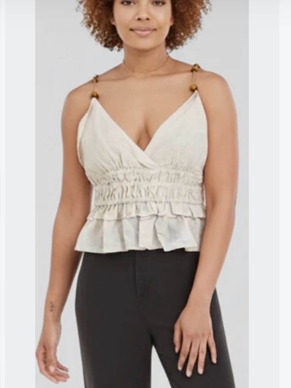 Sim & Sam Cream Smocked Ruffle Crop Top Cotton/Linen Blend Size M